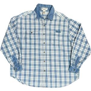 Vintage 90s Denim Jean Blue White Plaid Collared Long Sleeve Shirt Size 1X